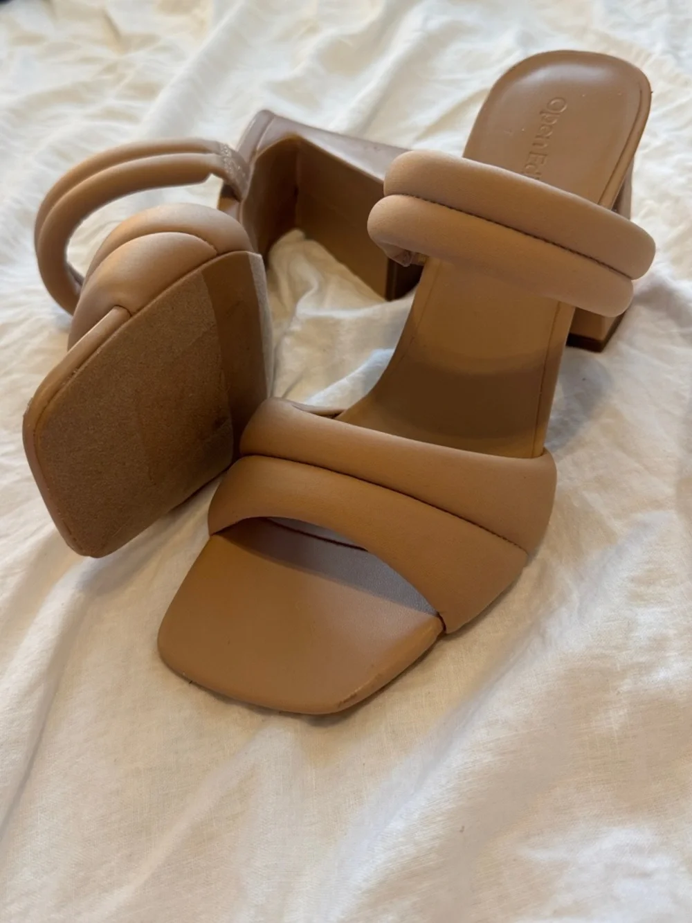 NWOT Open Edit Open Square Toe Nude Strappy Block Heels Size 10